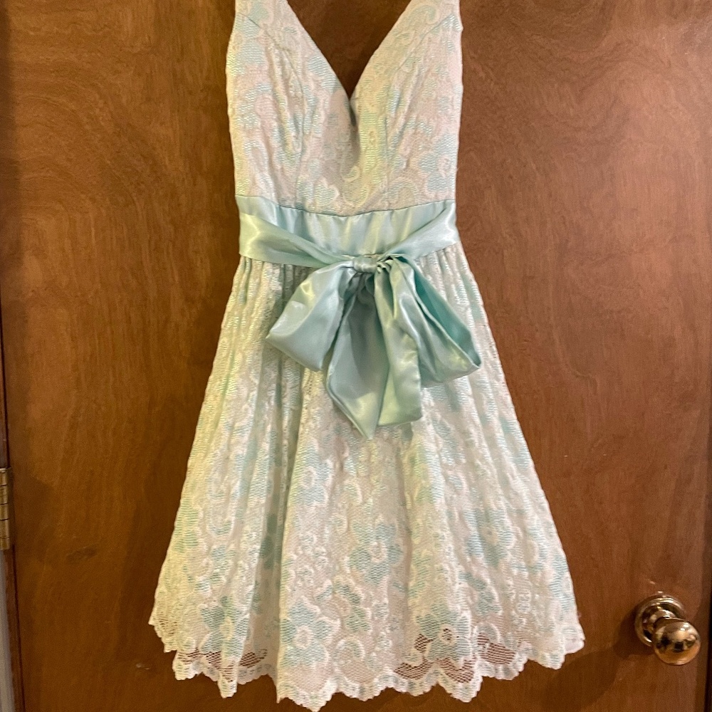 B Darlin Baby Blue and White Lace Dress (Size 1/2)